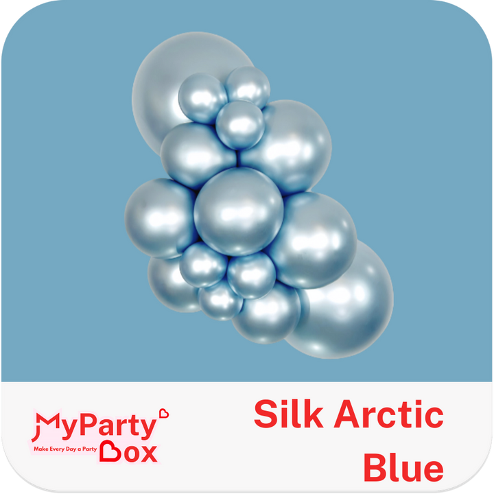 Silk Arctic Blue balloons on a blue background with MyPartyBox branding.