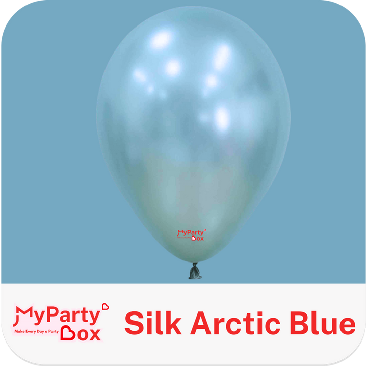 Silk Arctic Blue balloon with 'MyPartyBox' branding on a blue background