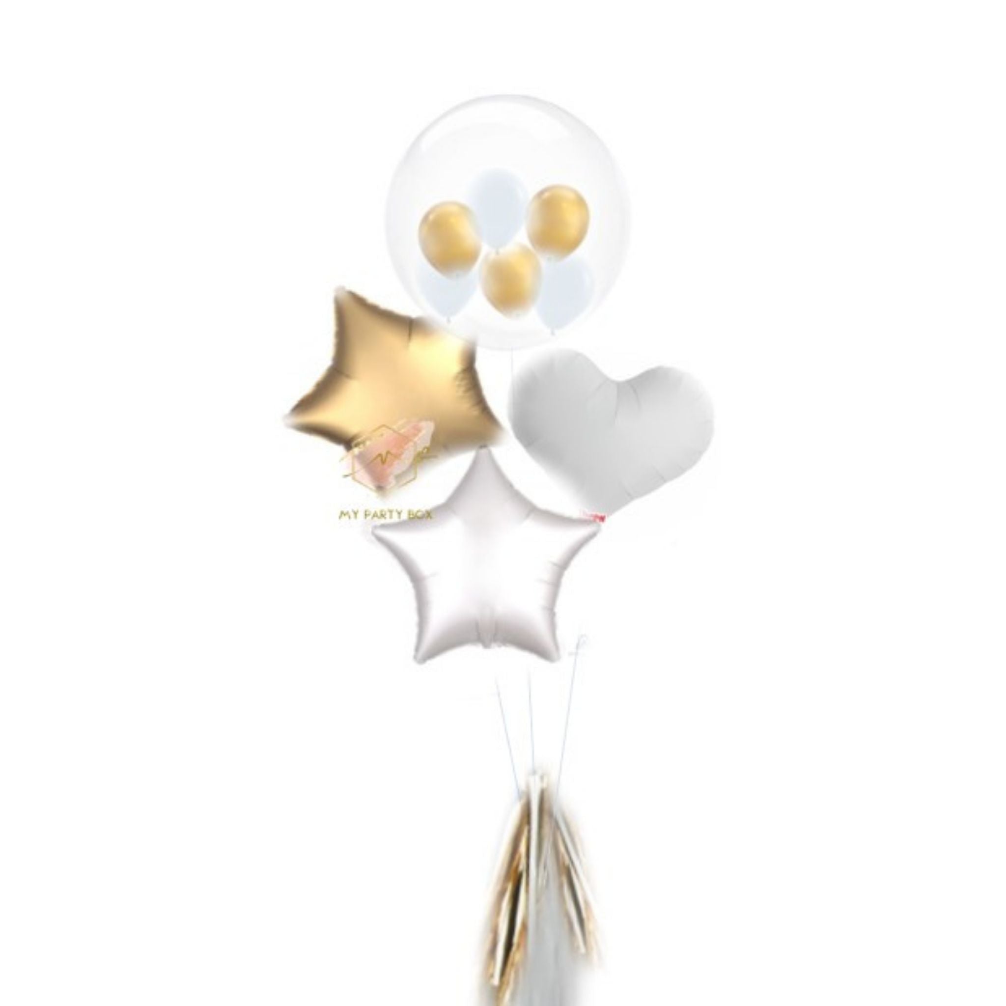 My Party Box Bubble Gum Bouquet with Clear Bubble balloon with mini balloon inside and gold foil star balloon, white foil star balloon and white lover heart balloon