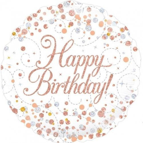 A round scalloped foil balloon with 'Happy Birthday!' written in rose gold glitter script, decorated with scattered rose gold, silver, and gold confetti dots and dashed swirl lines on a white background.
