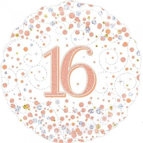 A scalloped round party balloon with a white background, decorated with rose gold glitter dots, silver glitter dots, and dashed swirl patterns, featuring the number '16' in rose gold in the center.