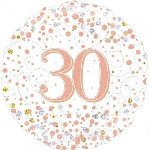 A round scalloped-edge paper plate or party decoration printed with the number 30 in peach, surrounded by scattered pink, gold, and silver confetti dots on a white background.