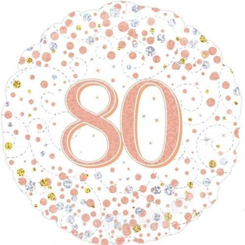 Round white party plate with scalloped edges, decorated with pink, gold, and silver confetti dots and the number 80 in the center.
