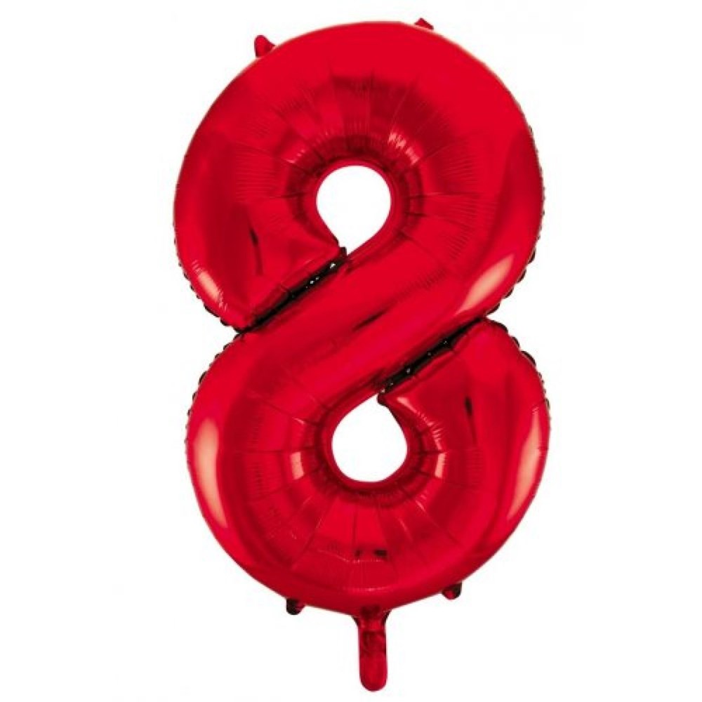 Red foil balloon shaped like the number 8 on a white background