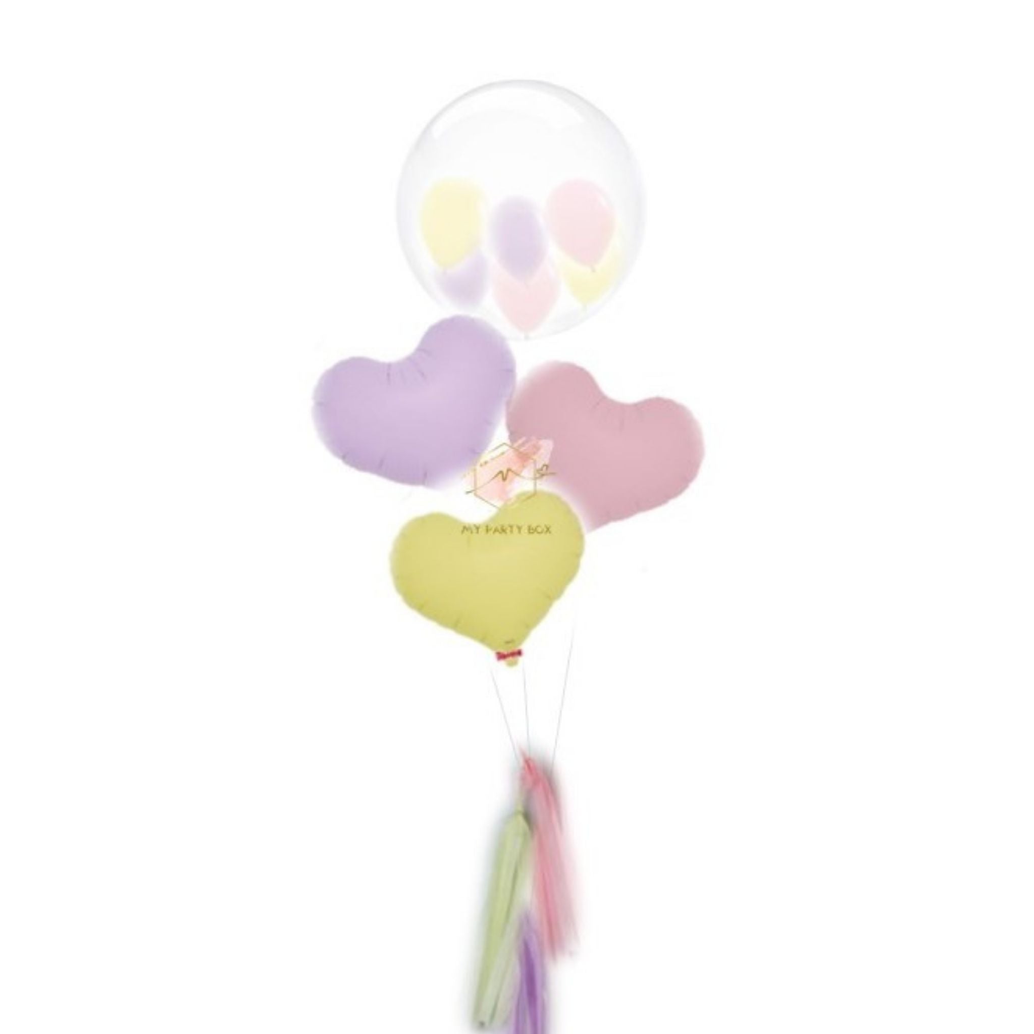 My Party Box Bubble Gum Balloon Bouquet with one bubble balloon with mini latex balloon inside and one pastel Pink foil heart balloon, one Pastel Purple foil heart balloon and one pastel yellow  Heart Balloon