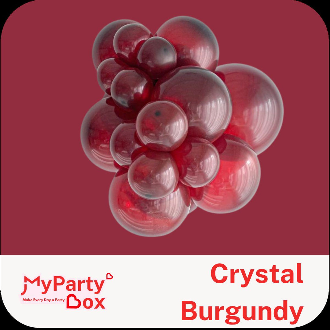 Crystal Burgundy balloons on a red background with MyPartyBox branding.
