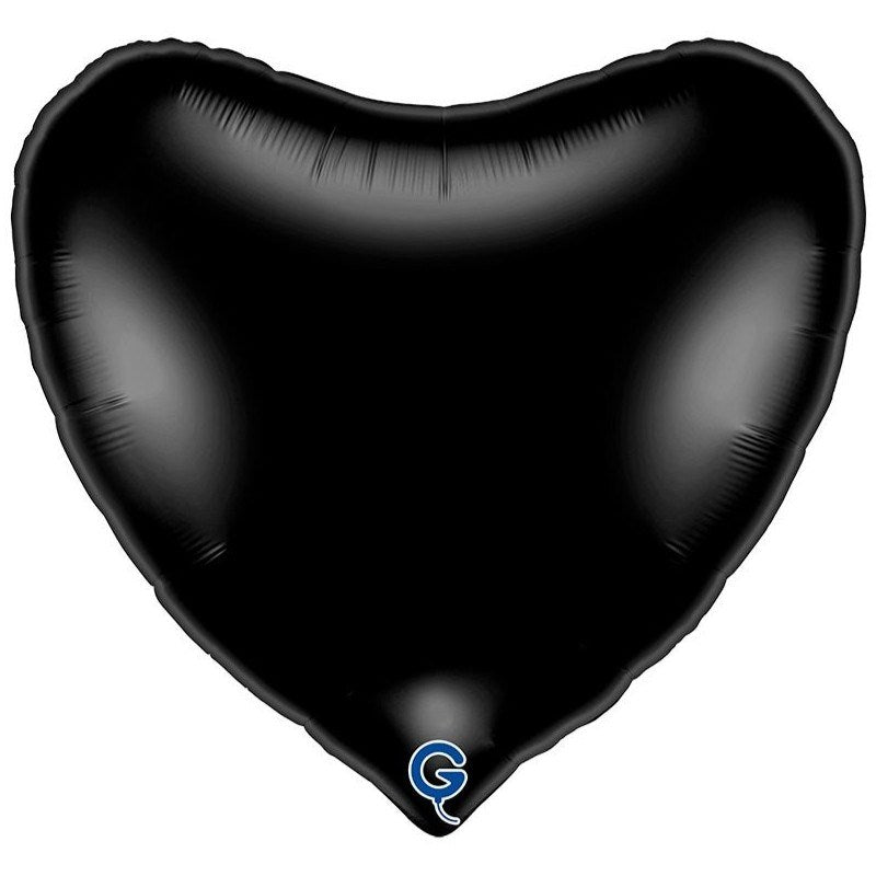 A large, shiny black heart-shaped foil balloon on a plain white background, with a small blue and white 'G' logo near the bottom tip.