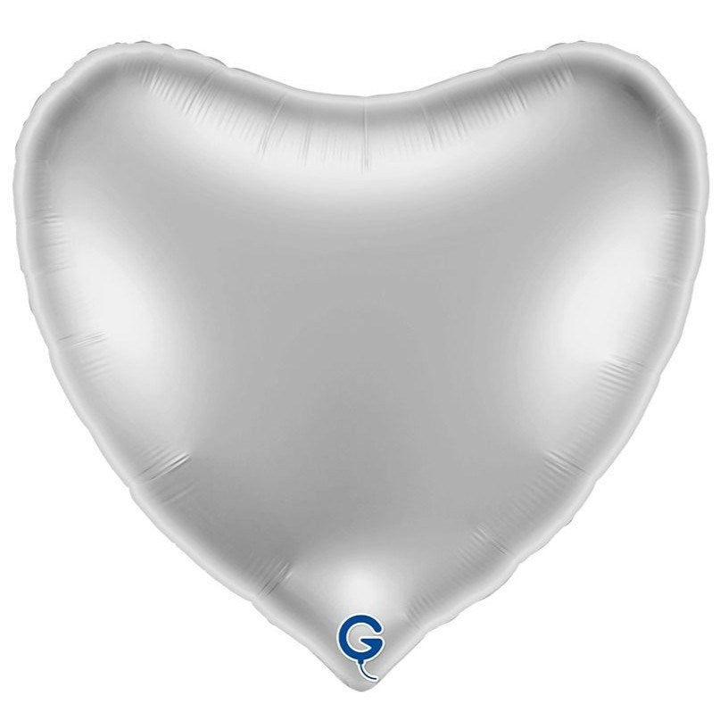 A metallic silver heart-shaped foil balloon on a plain white background, with a small blue and white 'G' logo near the bottom tip.