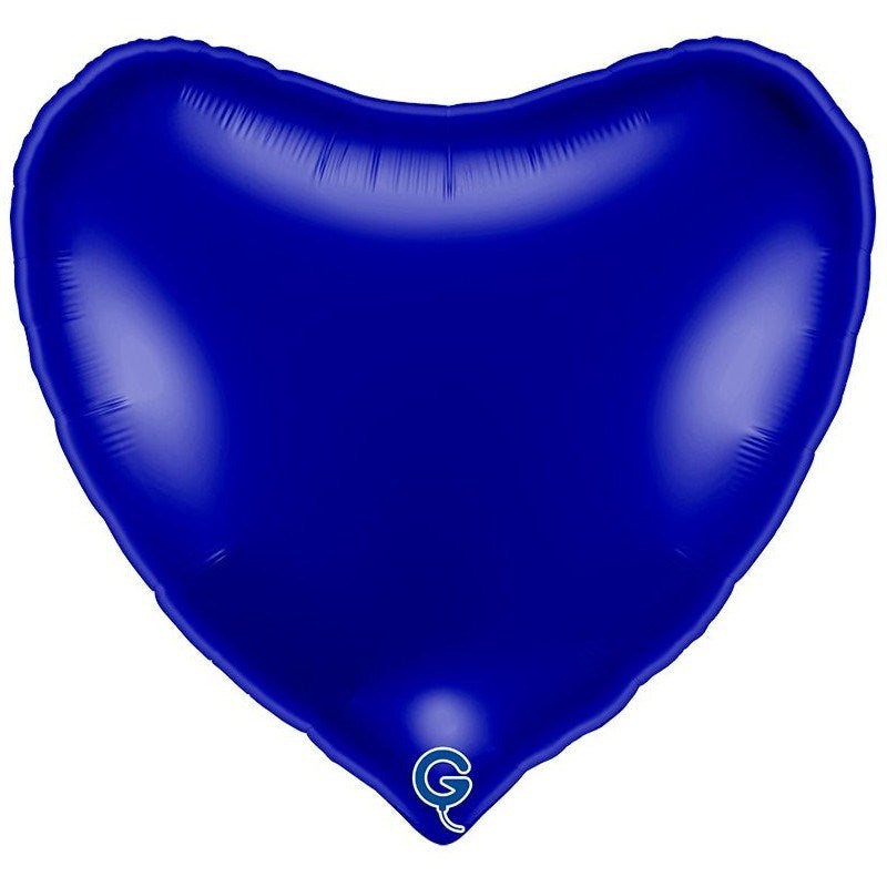 A heart-shaped metallic blue foil balloon with a small white and teal 'G' logo at the bottom, isolated on a white background.