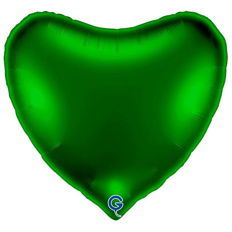 A metallic green heart-shaped foil balloon on a plain white background, with a small blue and white 'G' logo near the bottom tip.