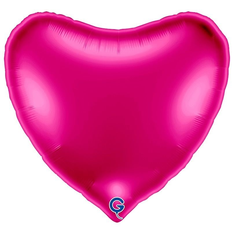 A shiny hot pink heart-shaped foil balloon with a small blue and white 'G' logo at the bottom, isolated on a white background.