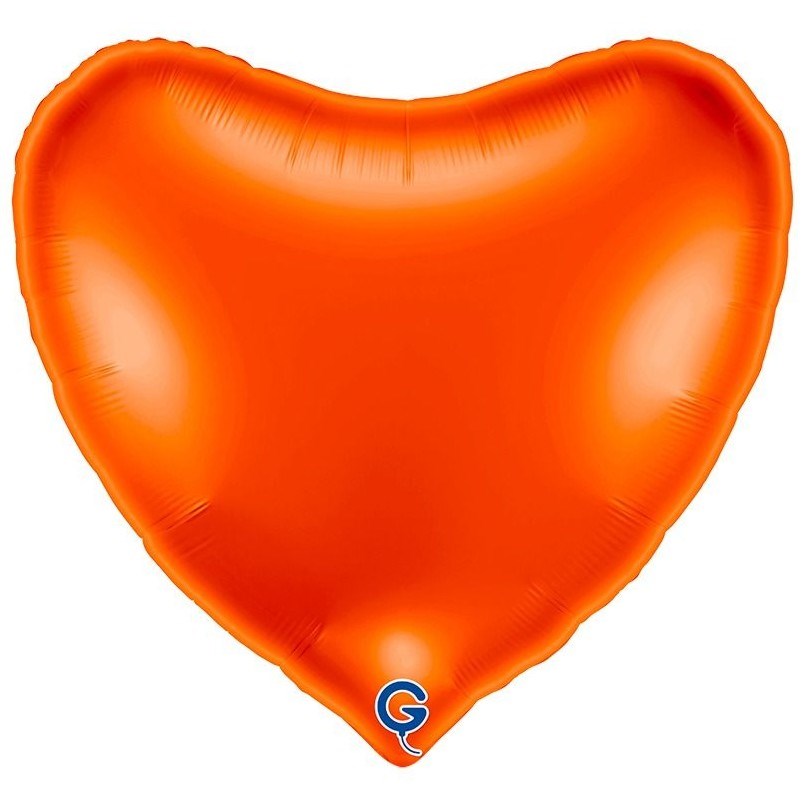 A bright orange heart-shaped foil balloon on a plain white background, with a small blue and white circular logo near the bottom tip.