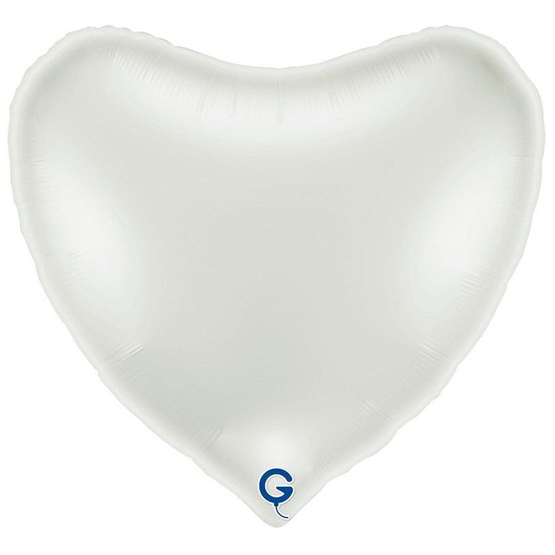 A large, heart-shaped metallic silver foil balloon on a solid white background, featuring a small blue 'G' logo near the bottom tip.