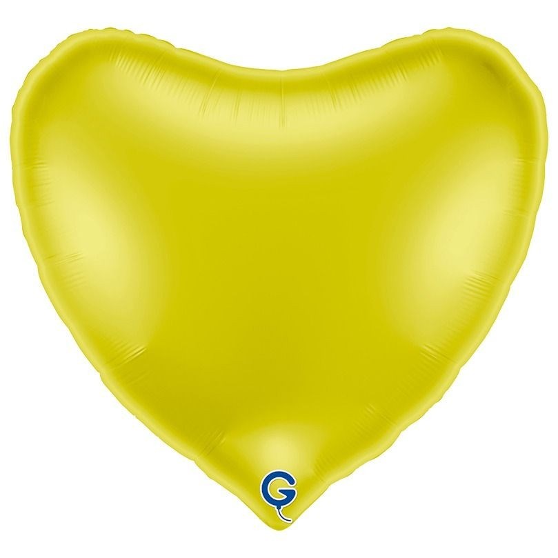 A metallic yellow heart-shaped foil balloon on a plain white background, with a small blue and white 'G' logo near the bottom tip.