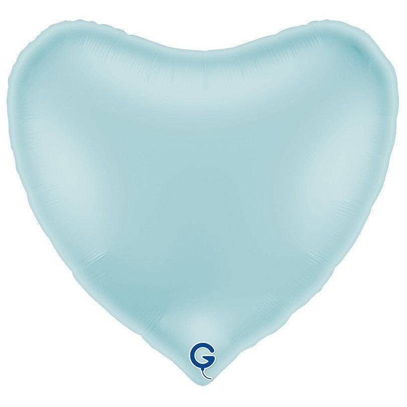 A light blue heart-shaped foil balloon on a plain white background, with a small blue 'G' mark near the bottom tip.