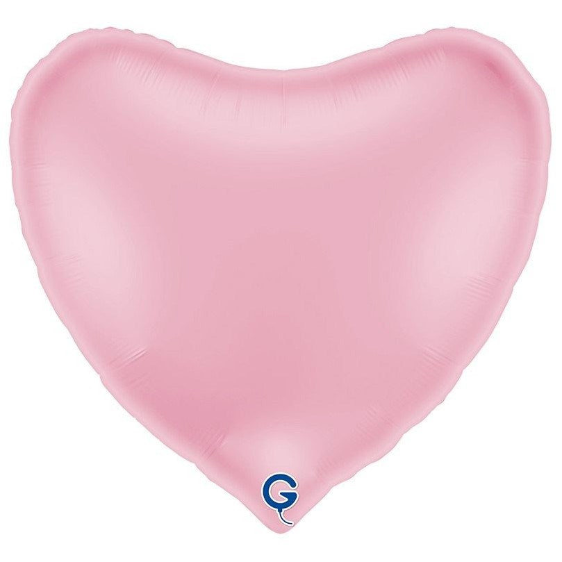 A light pink heart-shaped foil balloon with a small blue and white 'G' logo near the bottom tip, isolated on a white background.