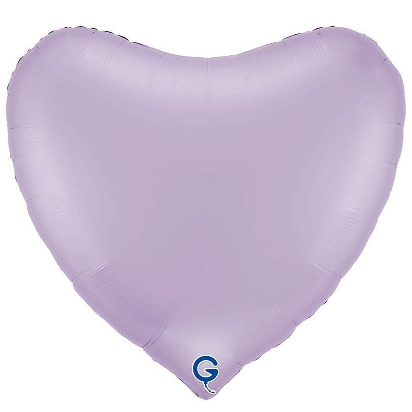 A light purple heart-shaped foil balloon with a small blue 'G' logo near the bottom tip, shown against a plain white background.