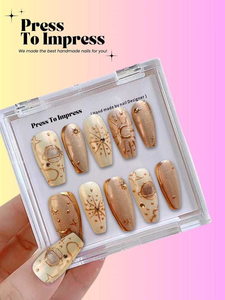 Golden Cosmo 3D Handmade Press-on Nails