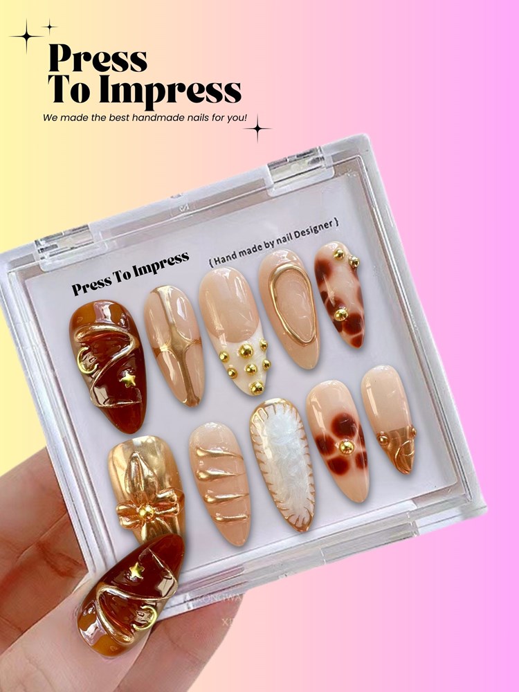 Golden Amber 3D Almond Handmade Press-on Nails