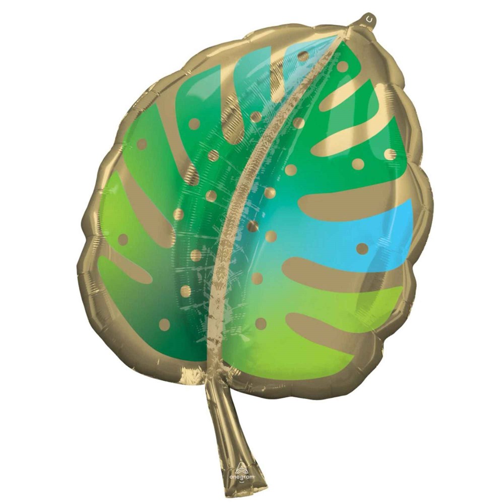 Leaf-shaped balloon with green, blue, and gold design on a white background
