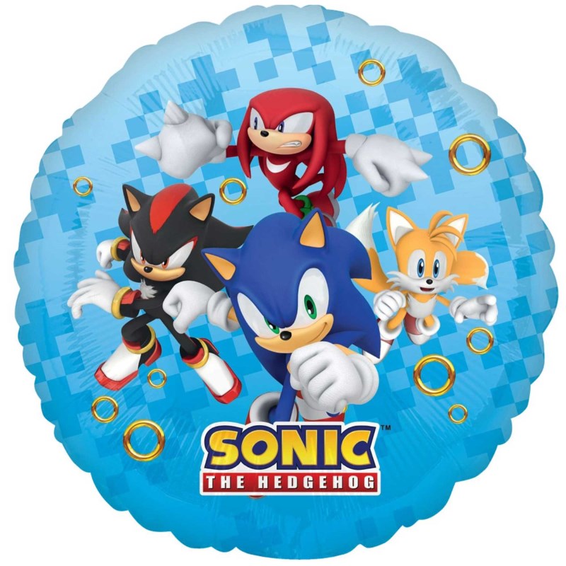 Round blue Sonic the Hedgehog foil balloon featuring Sonic, Tails, Knuckles, and Shadow with gold rings.