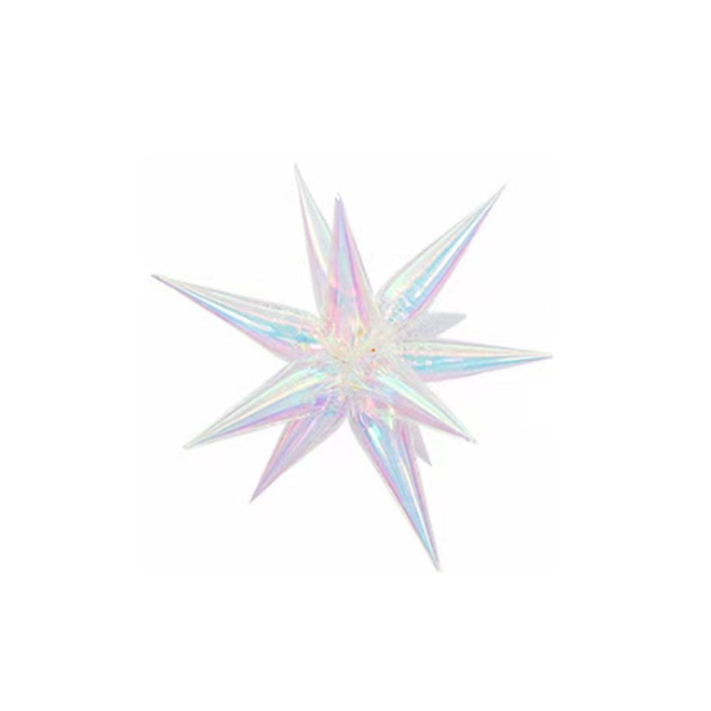 Iridescent holographic 12-point starburst foil balloon isolated on a white background.