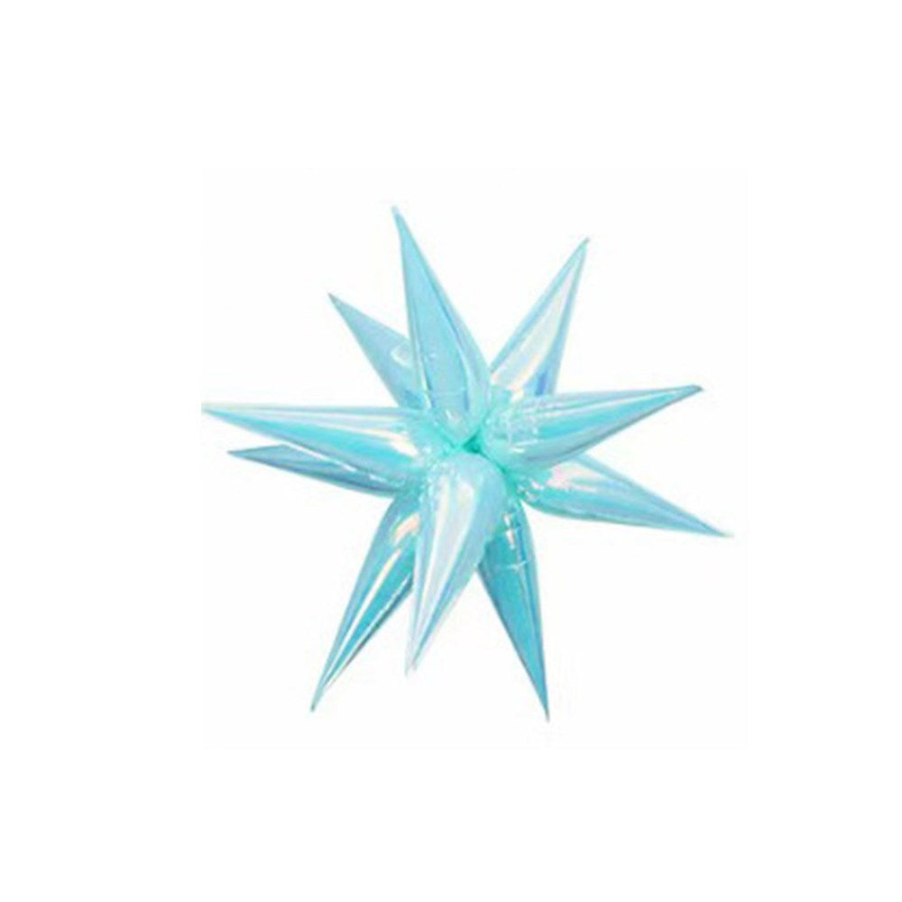 A light blue iridescent starburst foil balloon with multiple points on a white background.