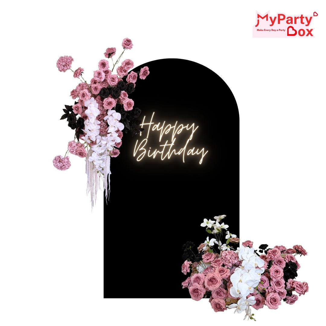 Floral birthday backdrop with pink and white flowers, "Happy Birthday" text.