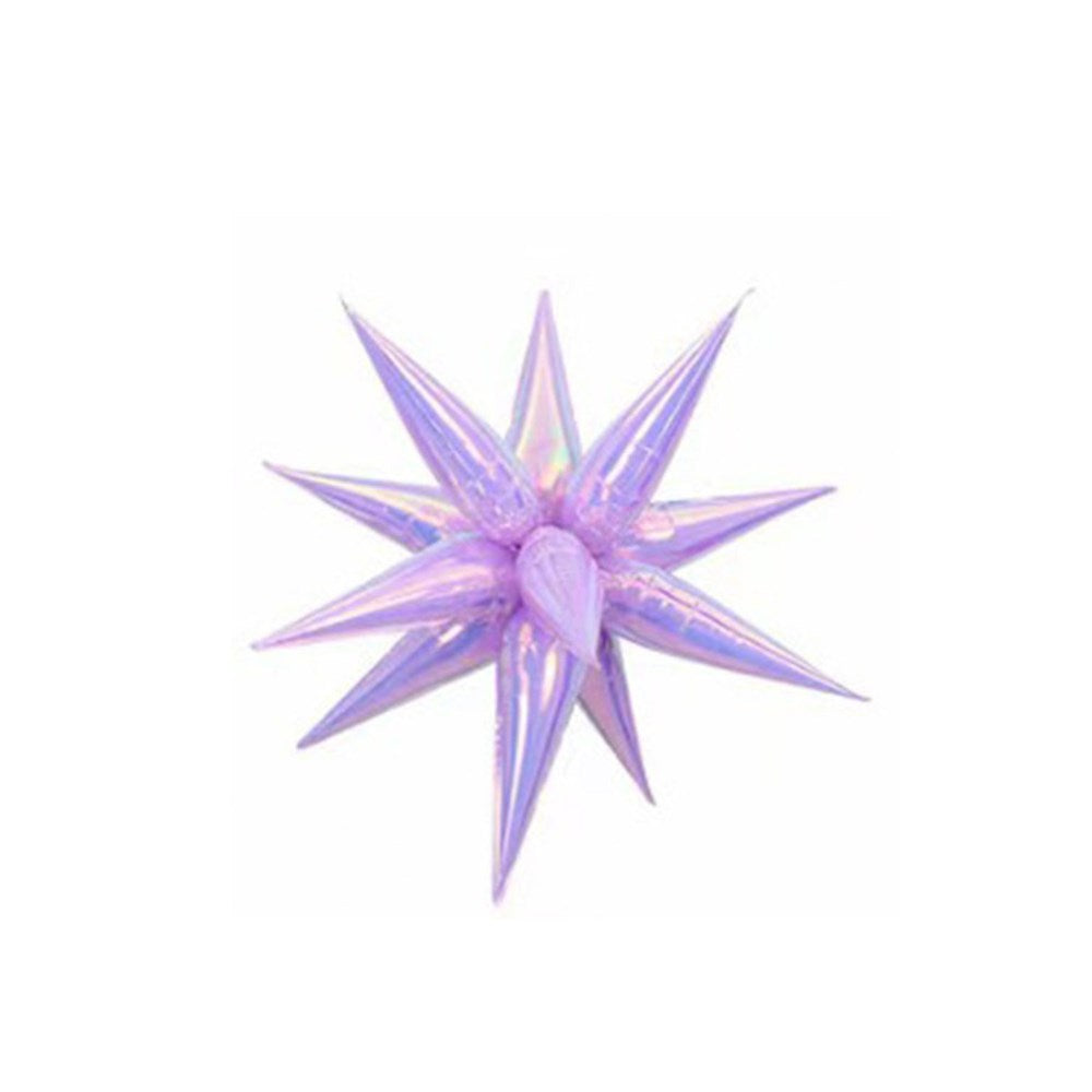 A purple iridescent 12-point starburst foil balloon isolated on a white background.
