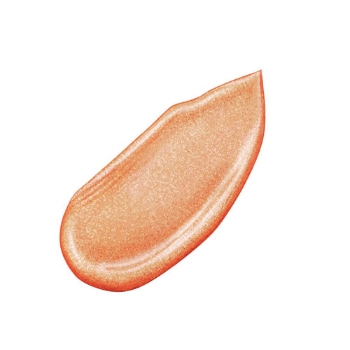 Shimmery peach lip gloss smear on white background.