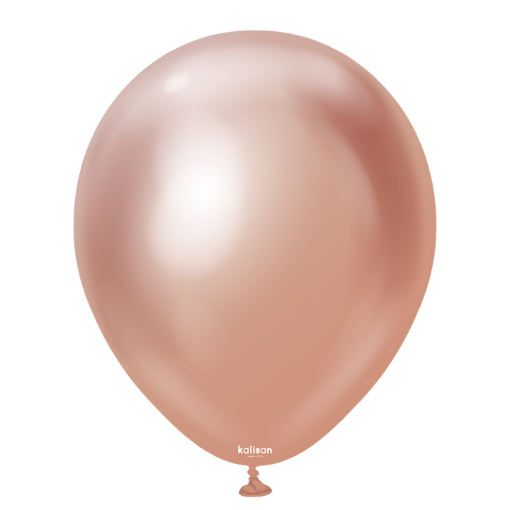 A single metallic rose gold latex balloon with a small white kalson logo near the nozzle, isolated on a solid white background.