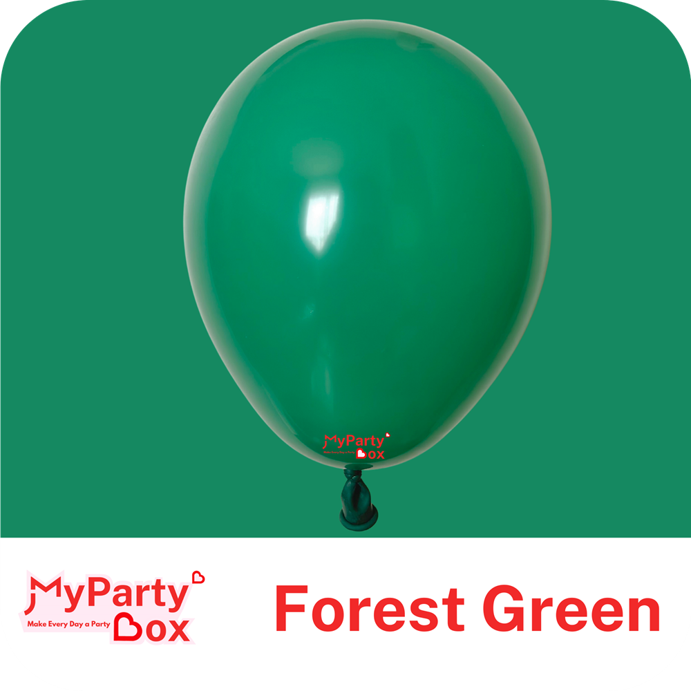 Forest green balloon with 'MyPartyBox' branding on a green background