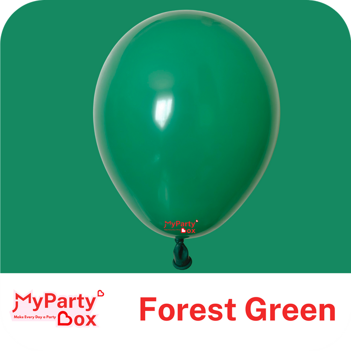 Forest green balloon with 'MyPartyBox' branding on a green background