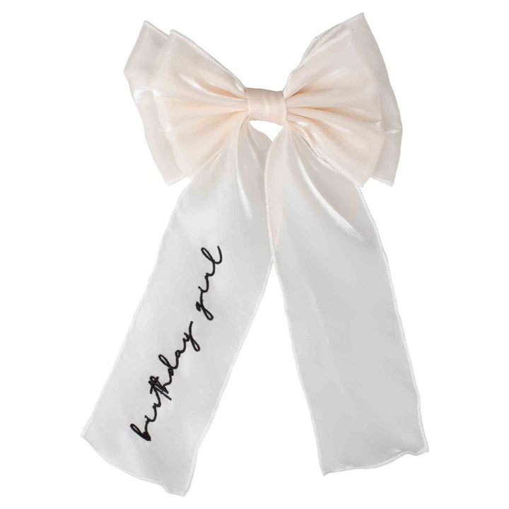 Large white organza hair bow featuring "Birthday Girl" printed in elegant black script.