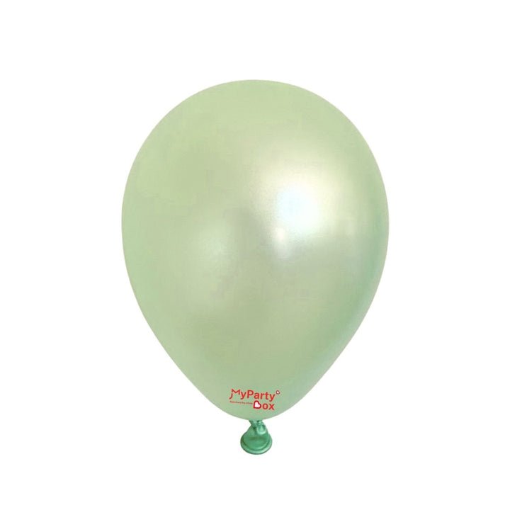 Pale green latex balloon with a small logo near the knot.