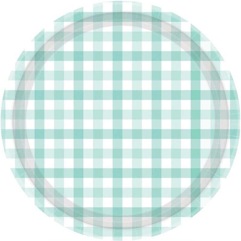 Mint green and white gingham check pattern round disposable paper party plate.