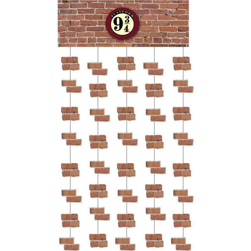 Decorative string with brick pattern and circular sign on a brick wall background