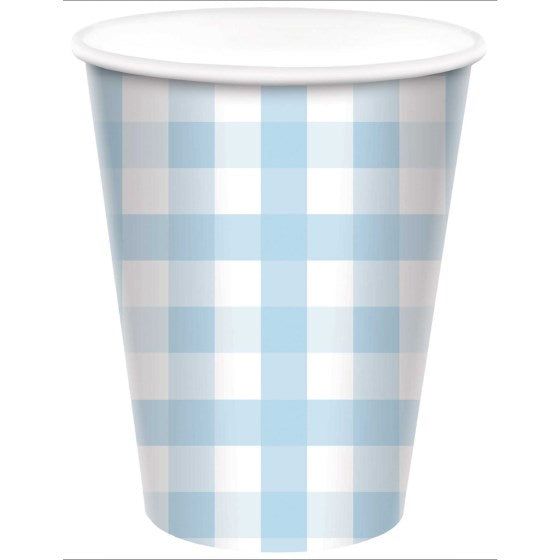 A disposable paper party cup with a light blue and white gingham checkered pattern.
