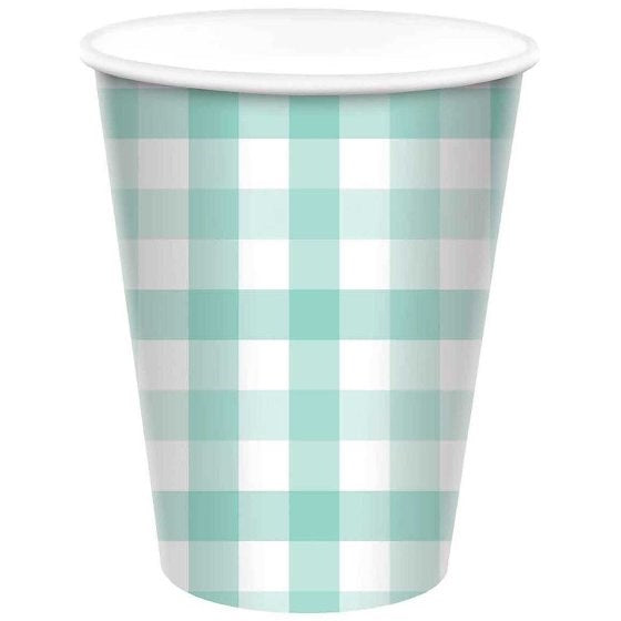 A disposable paper party cup featuring a light teal and white gingham checkered pattern.