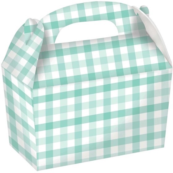 A teal and white gingham checkered pattern cardboard party treat box with a built-in handle.