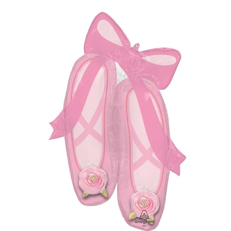 A pair of pink ballet flat shoes with sheer pink bows and fabric roses, shown on a plain white background.