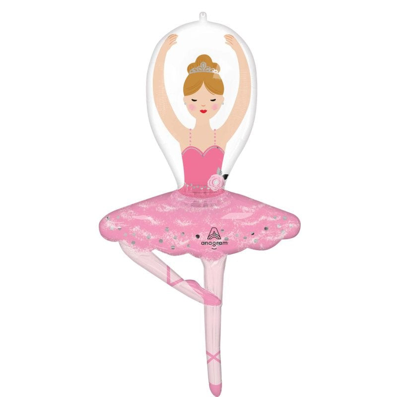 A ballet dancer shaped balloon featuring a pink tutu, pink bodice, and a white arching frame with a cartoon ballerina illustration inside, on a plain white background.