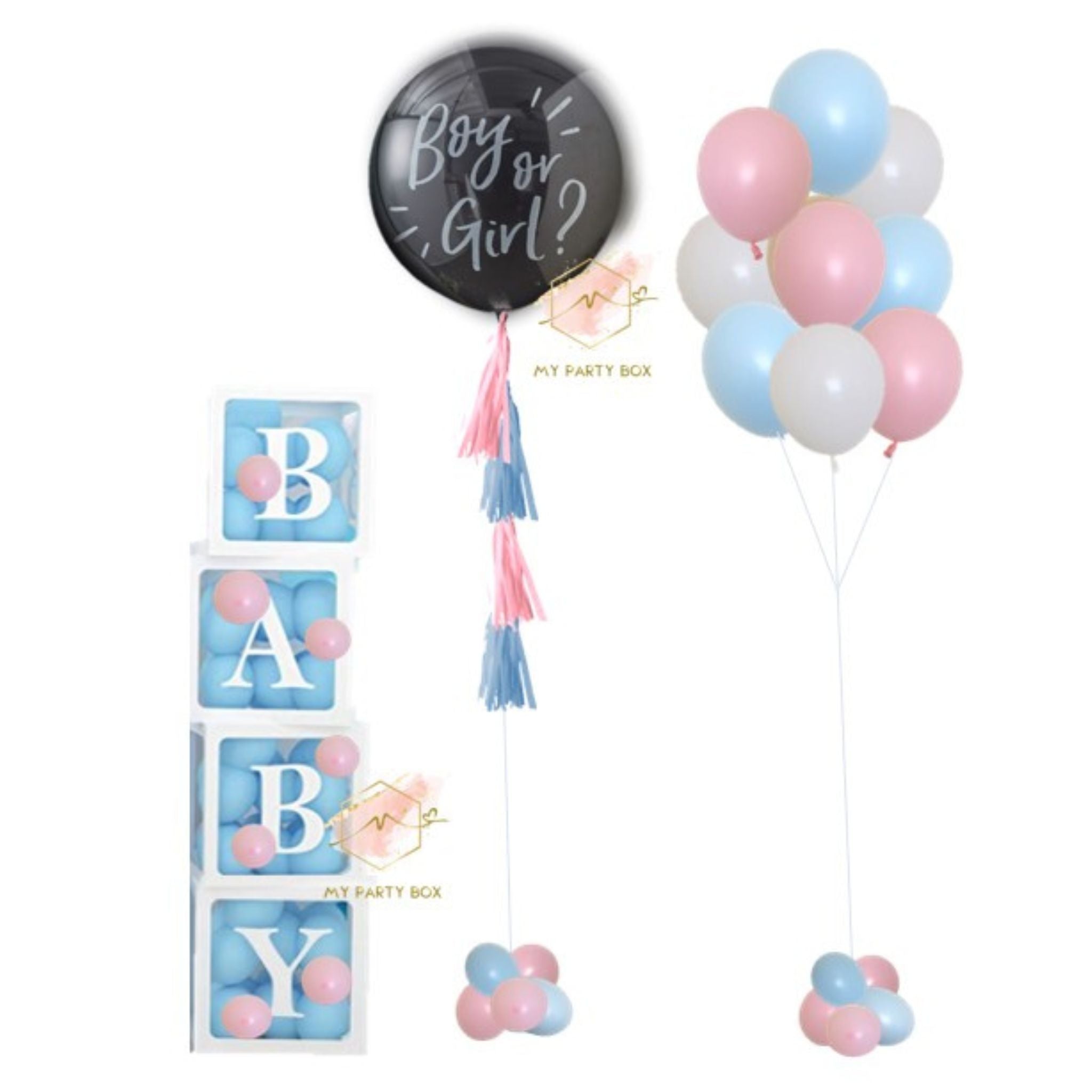 Boy or Girl Gender Reveal Combo with Baby Alphabet Box Boy Or Girl Black gender Reveal Latex Balloon with tassels and 9 Latex Balloons bouquets