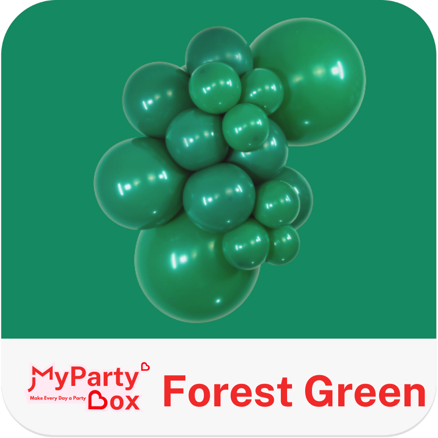 Forest green balloons on a green background with 'MyPartyBox' branding.
