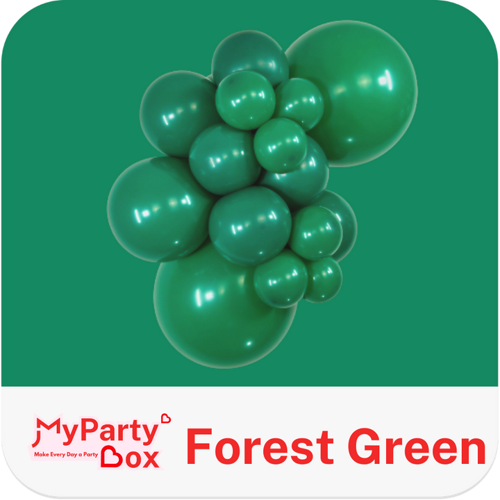 Forest green balloons on a green background with 'MyPartyBox' branding.