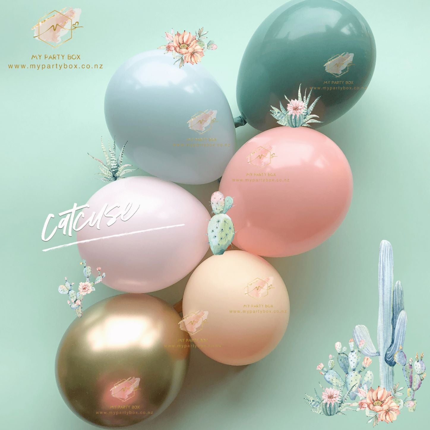 My Party Box Cactus Balloon Garland DIY Kit with colors of Willow, Fog Coral, Pink, Blush and Chrome gold Latex Balloon