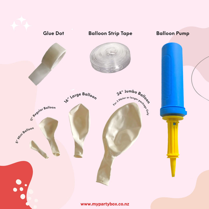 My Party Box Balloon Garland DIY Kit Package includes glue dot, balloon stripe tape, balloon pump and assorted size latex balloons