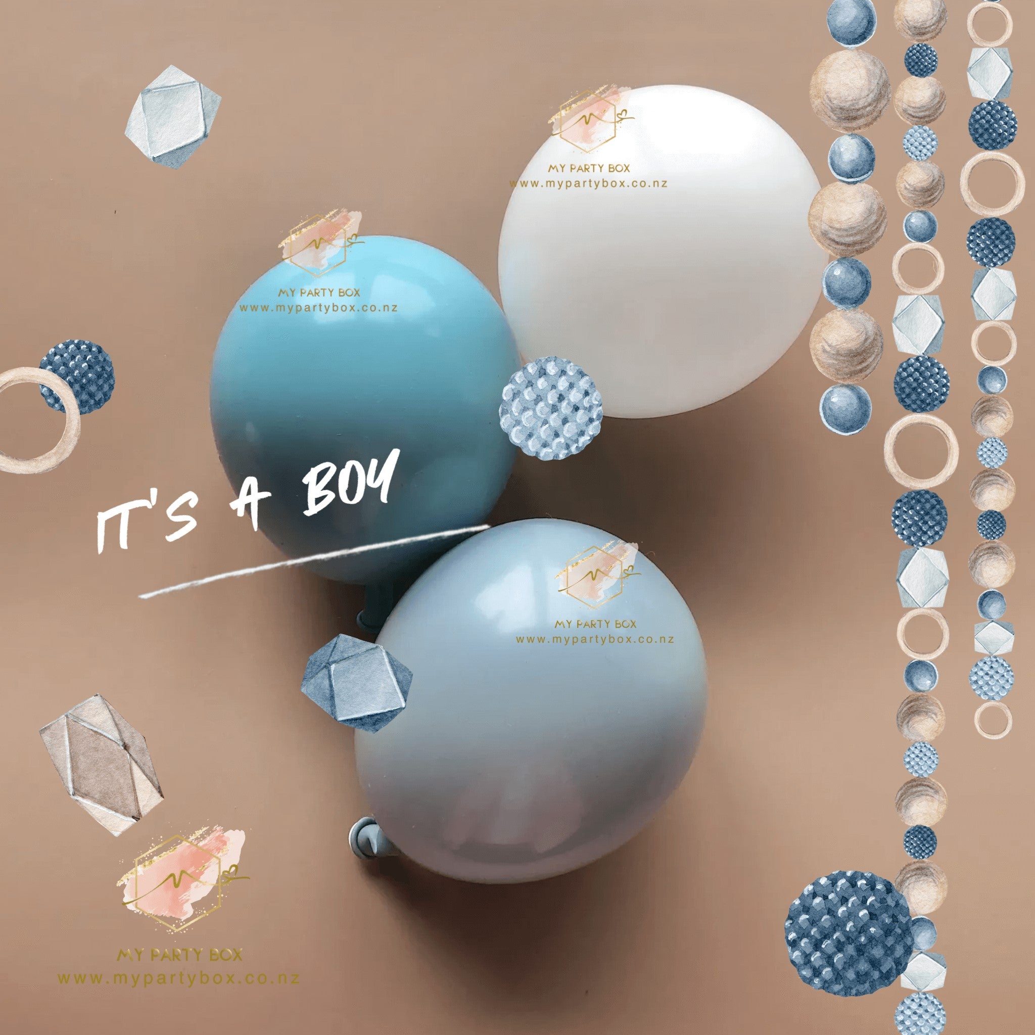 My Party Box My Party Box It's a Boy Balloon Bouquet with White, solid seaglass & solid fog 