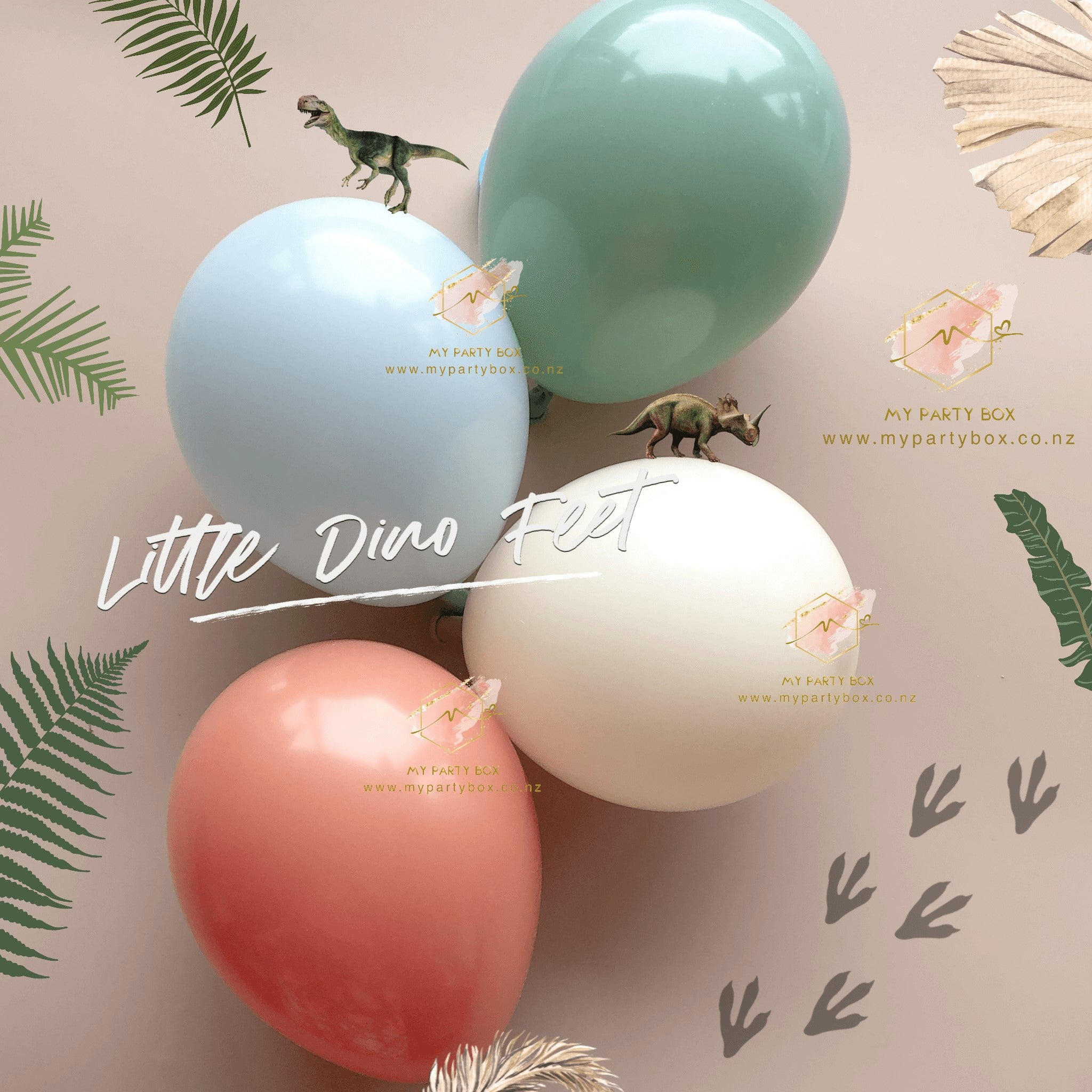 My Party Box Little Dino Feet Balloon Garland DIY Kit with burnt orange, fog, willow and white sand latex color