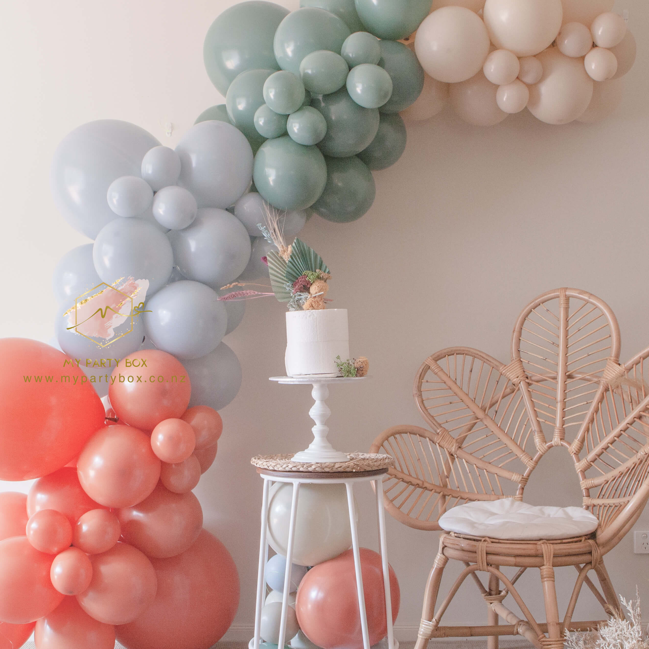 My Party Box Little Dino Feet Balloon Garland DIY Kit with burnt orange, fog, willow and white sand latex color details